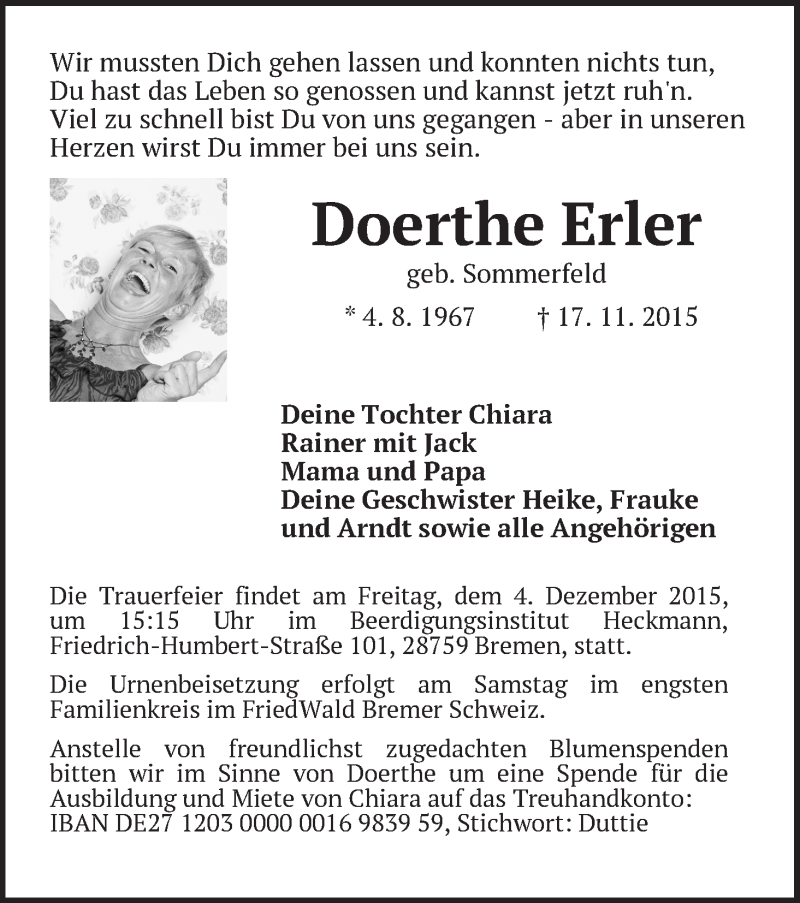  Traueranzeige für Doerthe Erler vom 28.11.2015 aus WESER-KURIER