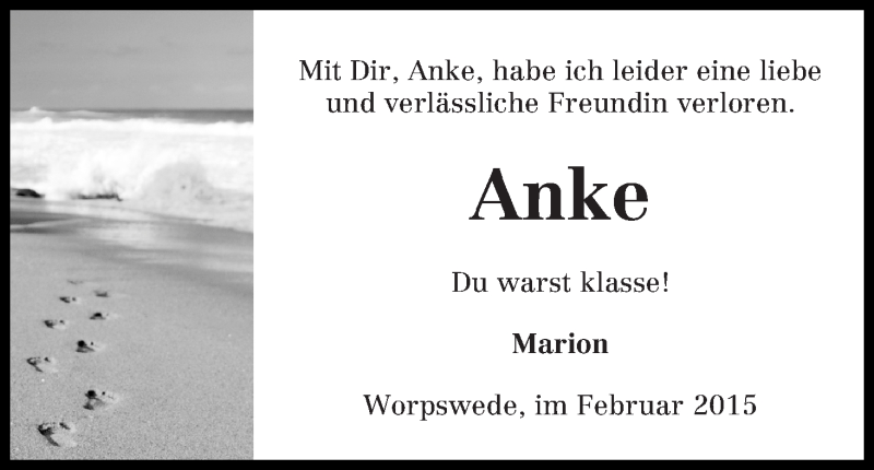  Traueranzeige für Anke Bräuler vom 04.02.2015 aus Wuemme Zeitung