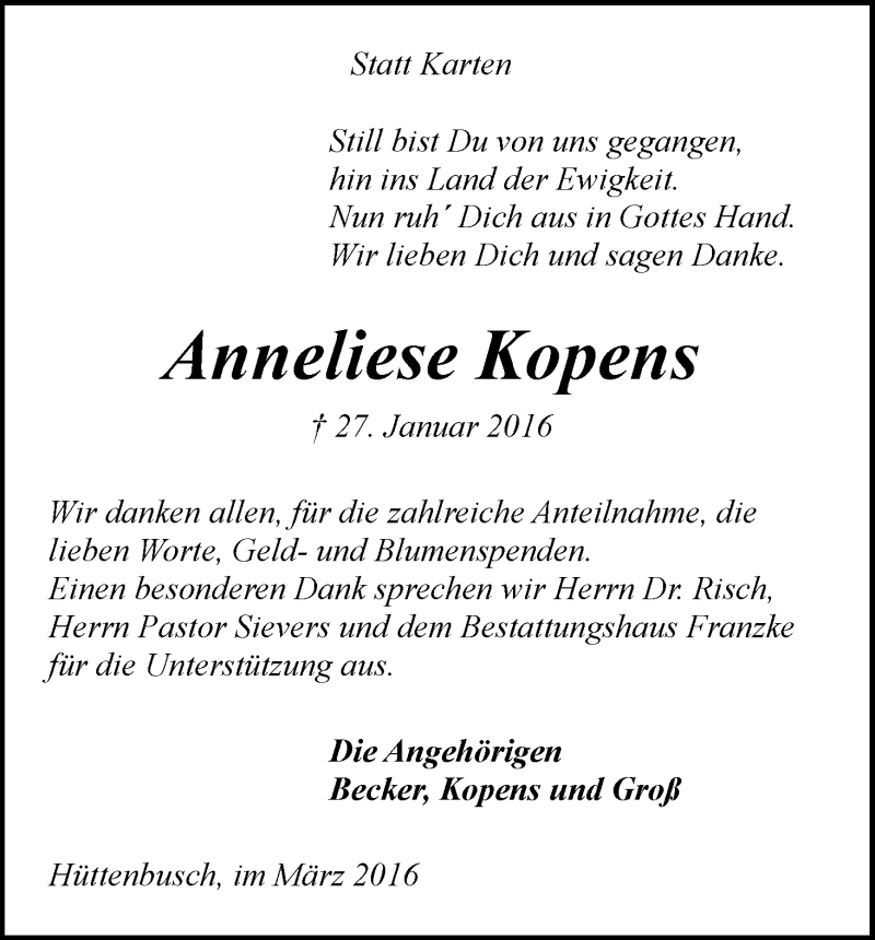  Traueranzeige für Anneliese Kopens vom 05.03.2016 aus Wuemme Zeitung