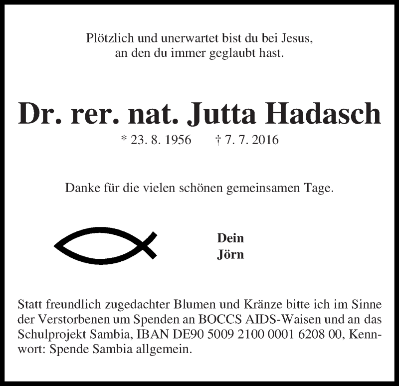  Traueranzeige für Jutta Hadasch vom 13.07.2016 aus WESER-KURIER