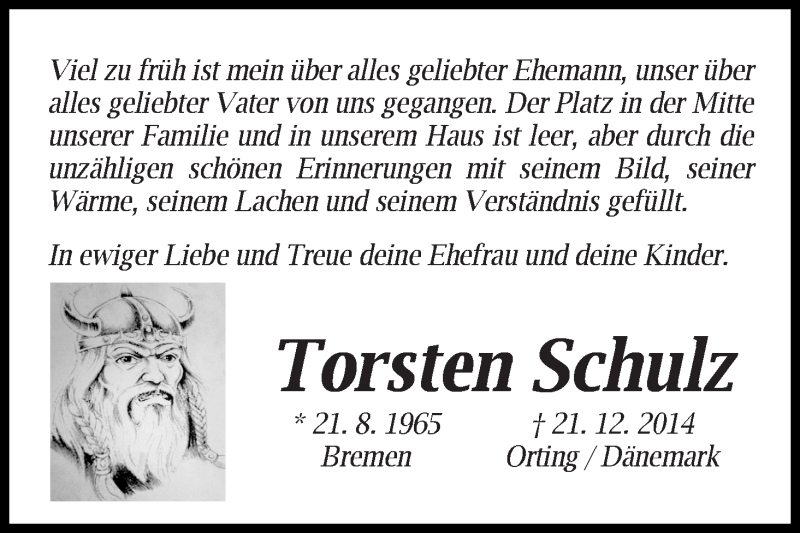  Traueranzeige für Torsten Schulz vom 30.12.2014 aus WESER-KURIER
