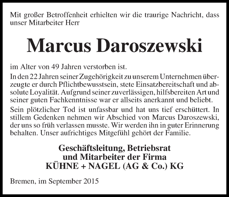  Traueranzeige für Marcus Daroszewski vom 29.09.2015 aus WESER-KURIER