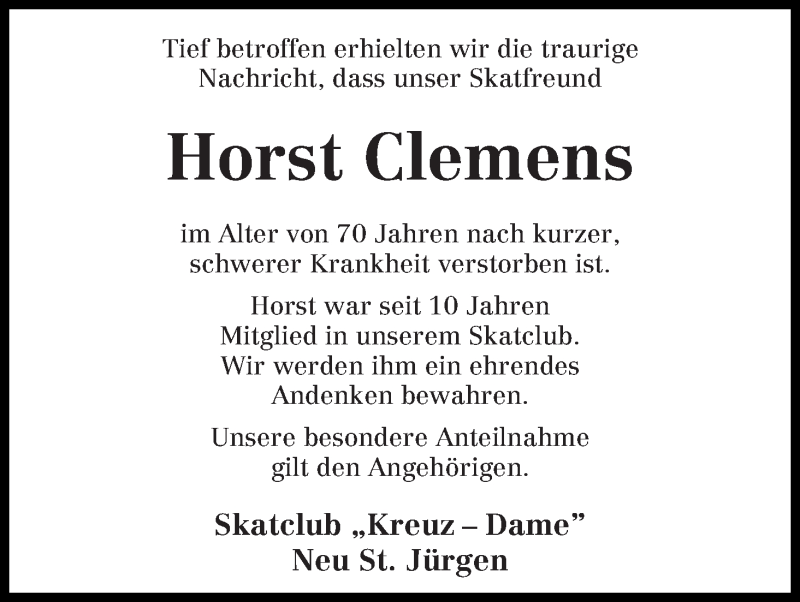  Traueranzeige für Horst Clemens vom 28.01.2015 aus Wuemme Zeitung