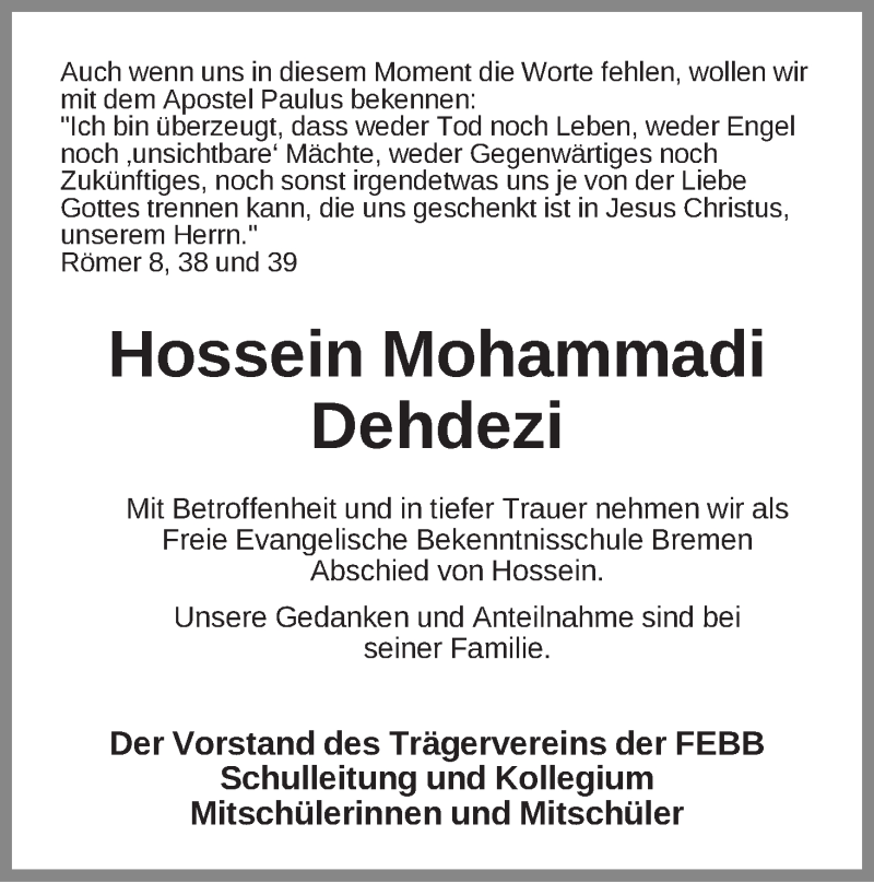  Traueranzeige für Hossein Mohammadi Dehdezi vom 12.12.2015 aus WESER-KURIER