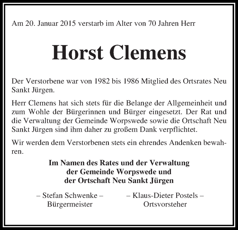  Traueranzeige für Horst Clemens vom 27.01.2015 aus Wuemme Zeitung