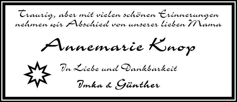  Traueranzeige für Annemarie Knop vom 31.08.2015 aus Osterholzer Kreisblatt