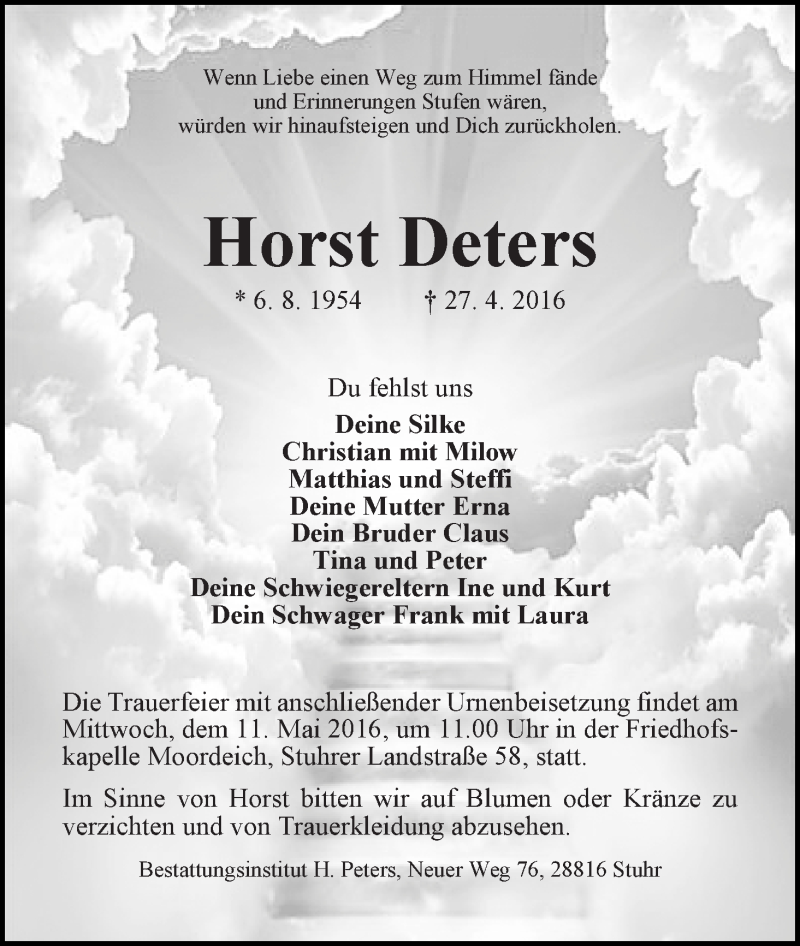  Traueranzeige für Horst Deters vom 04.05.2016 aus WESER-KURIER