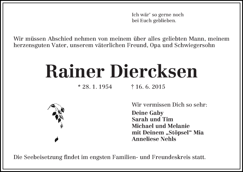  Traueranzeige für Rainer Diercksen vom 19.06.2015 aus Die Norddeutsche