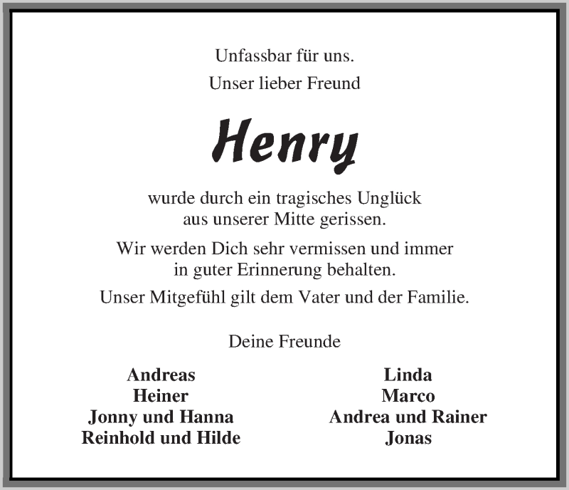  Traueranzeige für Henry Roehr vom 02.07.2016 aus Wuemme Zeitung