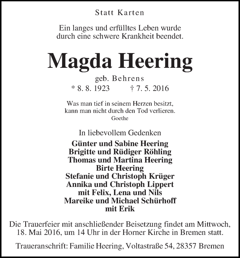  Traueranzeige für Magda Heering vom 14.05.2016 aus Wuemme Zeitung