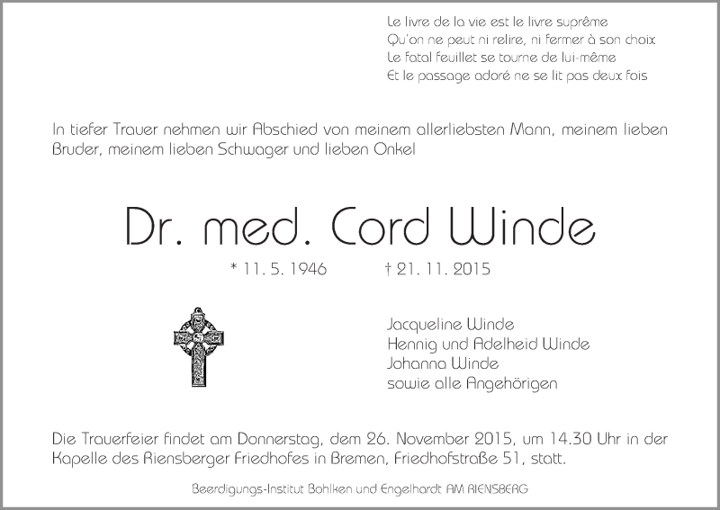  Traueranzeige für Cord Winde vom 24.11.2015 aus WESER-KURIER