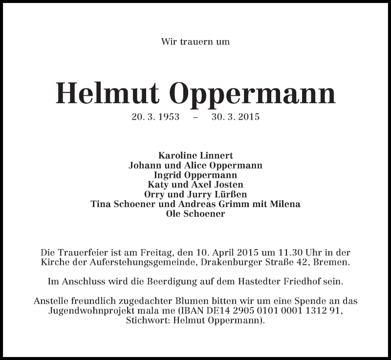  Traueranzeige für Helmut Oppermann vom 04.04.2015 aus WESER-KURIER