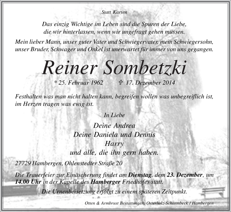  Traueranzeige für Reiner Sombetzki vom 19.12.2014 aus Osterholzer Kreisblatt