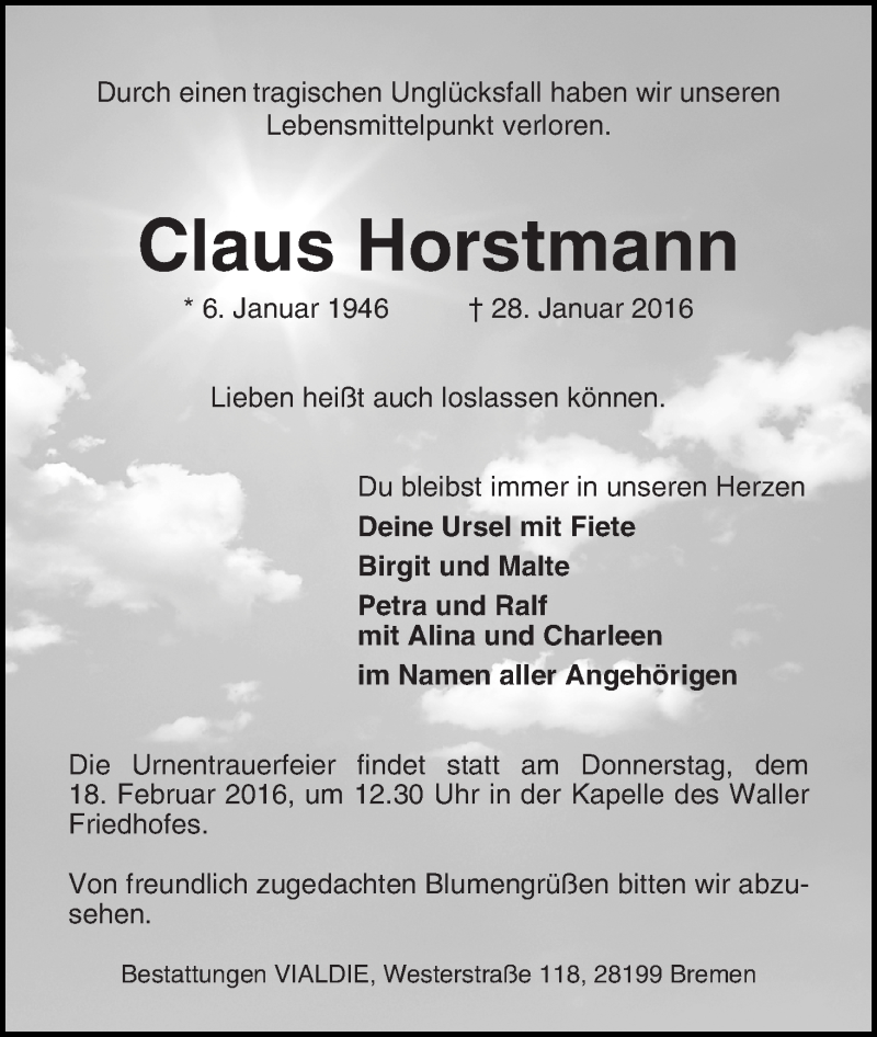  Traueranzeige für Claus Horstmann vom 06.02.2016 aus WESER-KURIER