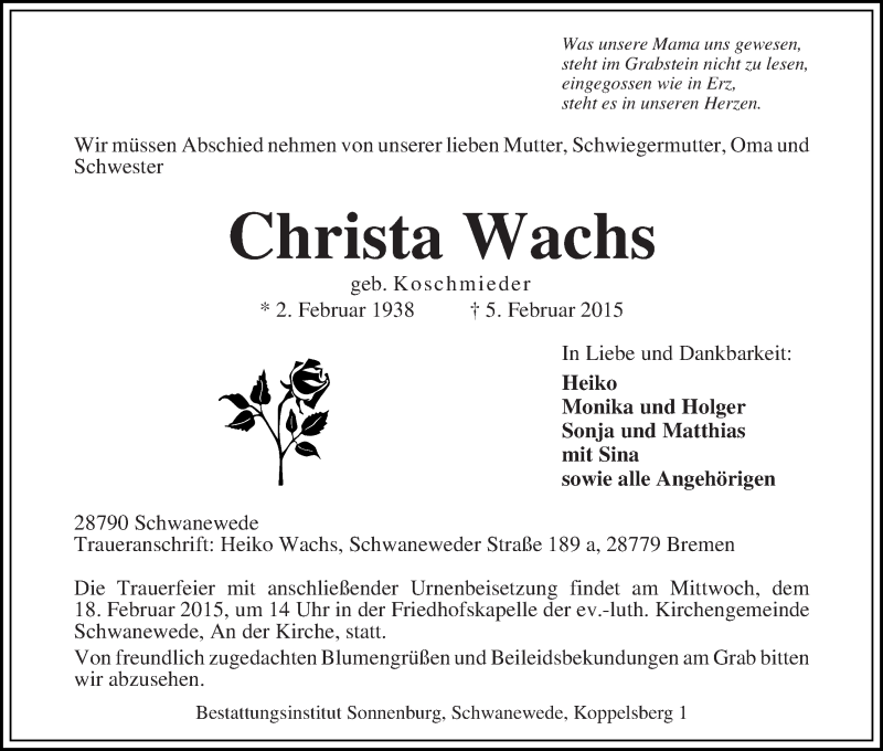  Traueranzeige für Christa Wachs vom 11.02.2015 aus Die Norddeutsche