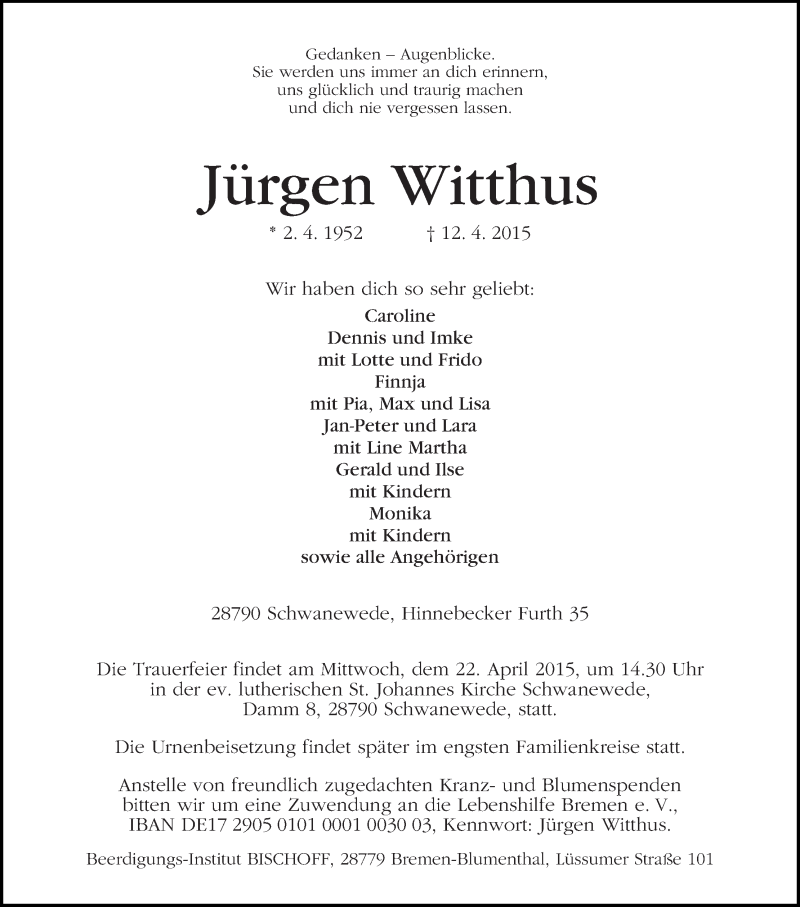  Traueranzeige für Jürgen Witthus vom 15.04.2015 aus WESER-KURIER