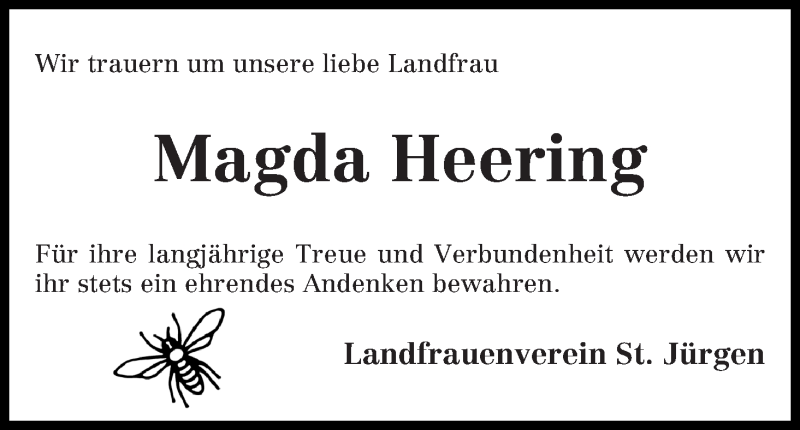  Traueranzeige für Magda Heering vom 14.05.2016 aus Wuemme Zeitung