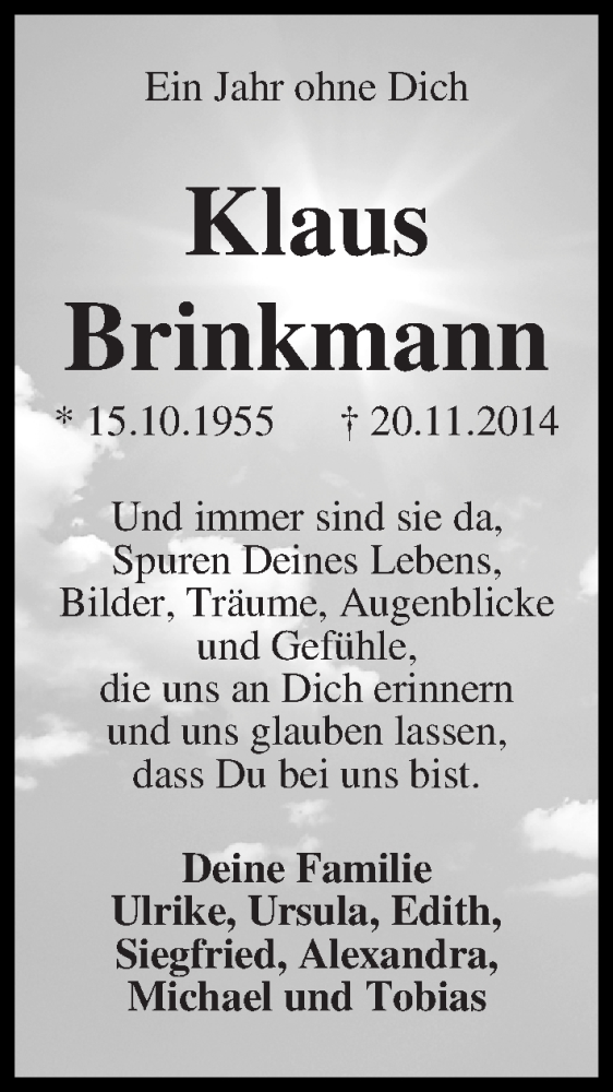  Traueranzeige für Klaus Brinkmann vom 20.11.2015 aus WESER-KURIER