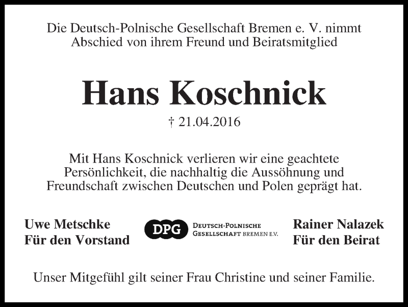  Traueranzeige für Hans Koschnick vom 29.04.2016 aus WESER-KURIER