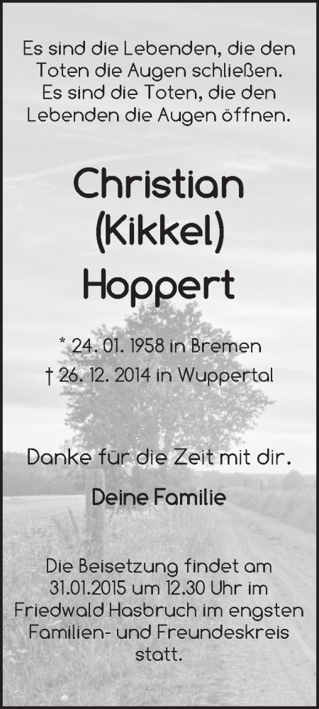  Traueranzeige für Christian Hoppert vom 28.01.2015 aus WESER-KURIER