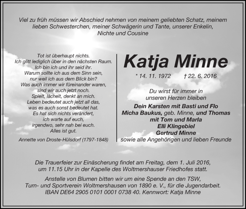  Traueranzeige für Katja Minne vom 25.06.2016 aus WESER-KURIER
