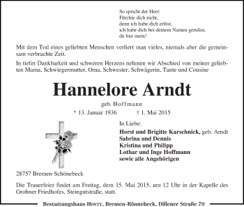 Traueranzeigen Von Hannelore Arndt Trauer Gedenken