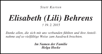 Traueranzeigen Von Elisabeth Behrens Trauer Gedenken