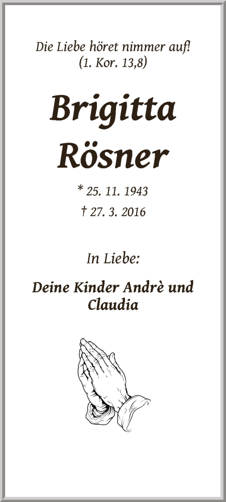  Traueranzeige für Brigitta Rösner vom 02.04.2016 aus Achimer Kurier/Verdener Nachrichten