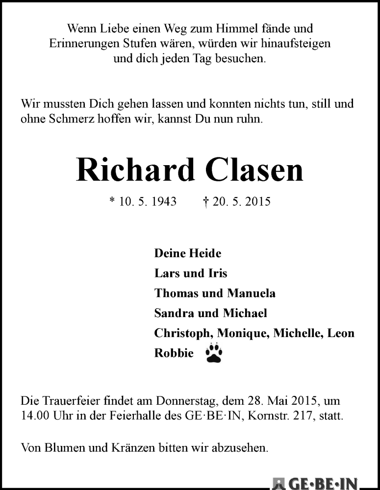  Traueranzeige für Richard Clasen vom 23.05.2015 aus WESER-KURIER
