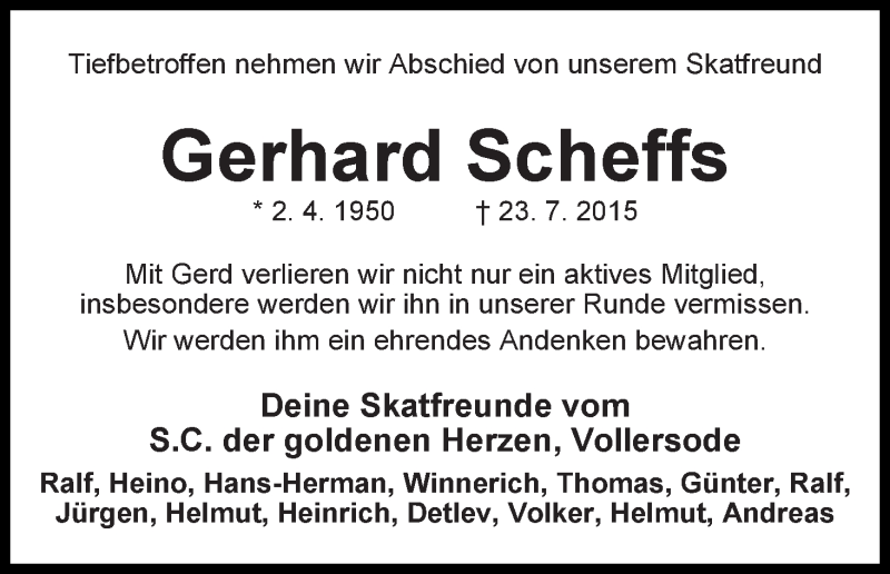  Traueranzeige für Gerhard Scheffs vom 01.08.2015 aus Osterholzer Kreisblatt