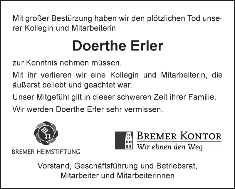  Traueranzeige für Doerthe Erler vom 28.11.2015 aus WESER-KURIER