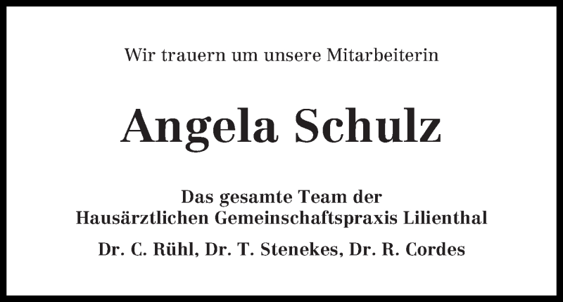  Traueranzeige für Angela Schulz vom 30.09.2015 aus Wuemme Zeitung
