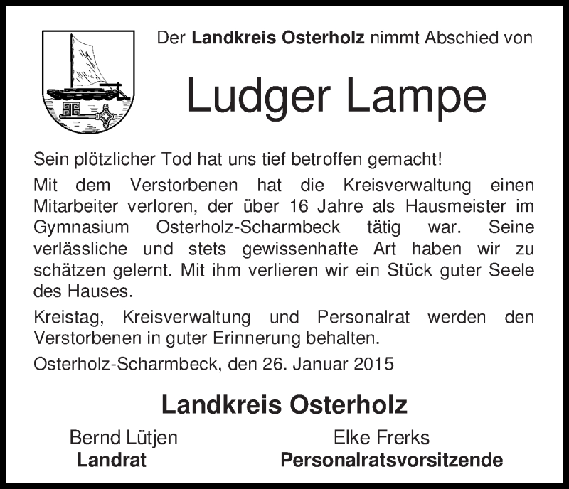  Traueranzeige für Ludger Lampe vom 27.01.2015 aus Osterholzer Kreisblatt