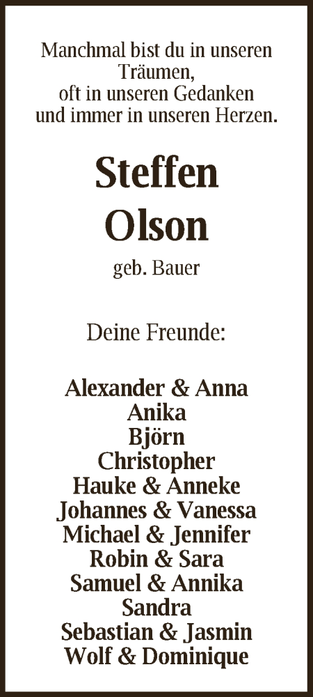  Traueranzeige für Steffen Olson vom 25.07.2015 aus Die Norddeutsche