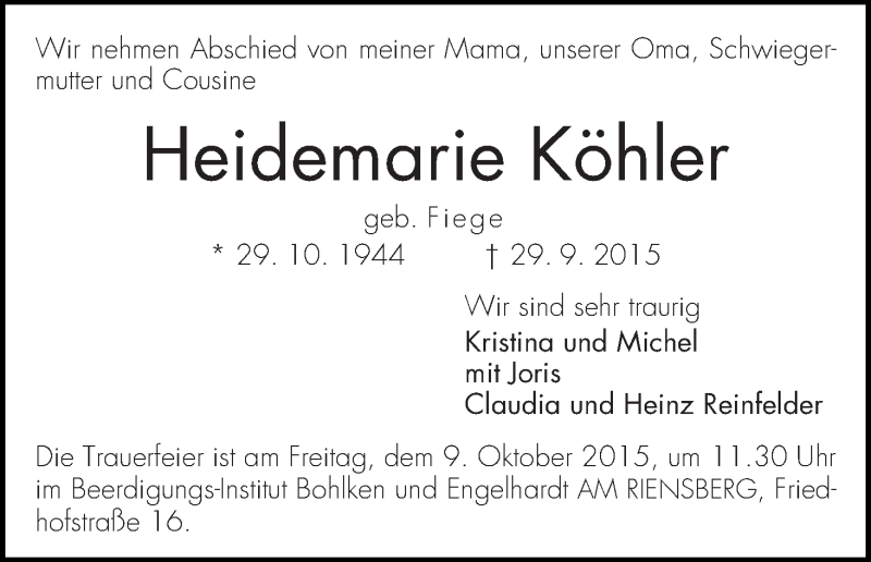  Traueranzeige für Heidemarie Köhler vom 02.10.2015 aus WESER-KURIER