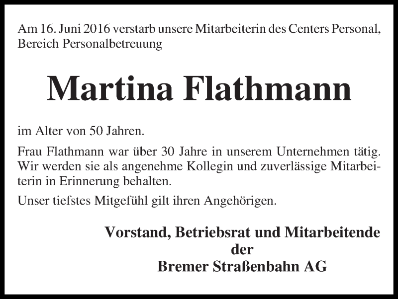  Traueranzeige für Martina Flathmann vom 25.06.2016 aus WESER-KURIER