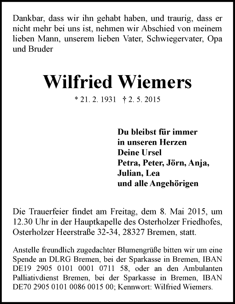 Traueranzeige von Wilfried Wiemers von WESER-KURIER