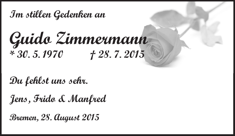  Traueranzeige für Guido Zimmermann vom 28.08.2015 aus WESER-KURIER