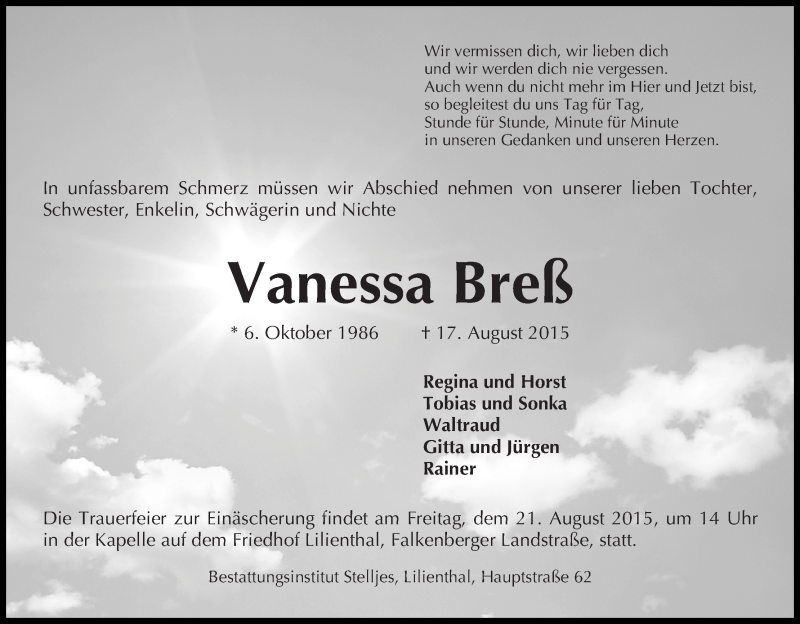  Traueranzeige für Vanessa Breß vom 20.08.2015 aus Wuemme Zeitung