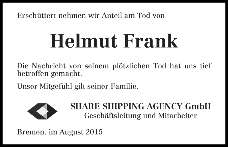  Traueranzeige für Helmut Frank vom 28.08.2015 aus WESER-KURIER