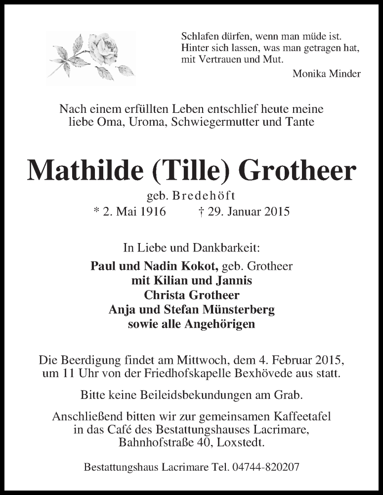 Traueranzeige für Mathilde (Tille) Grotheer vom 31.01.2015 aus Wuemme Zeitung