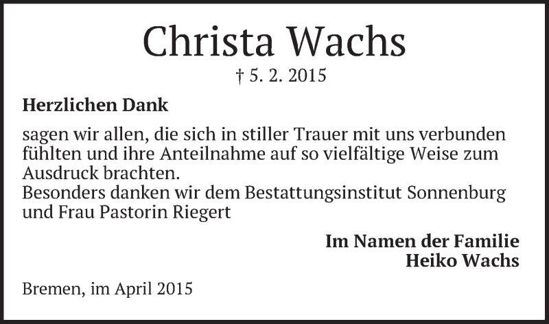  Traueranzeige für Christa Wachs vom 22.04.2015 aus Die Norddeutsche
