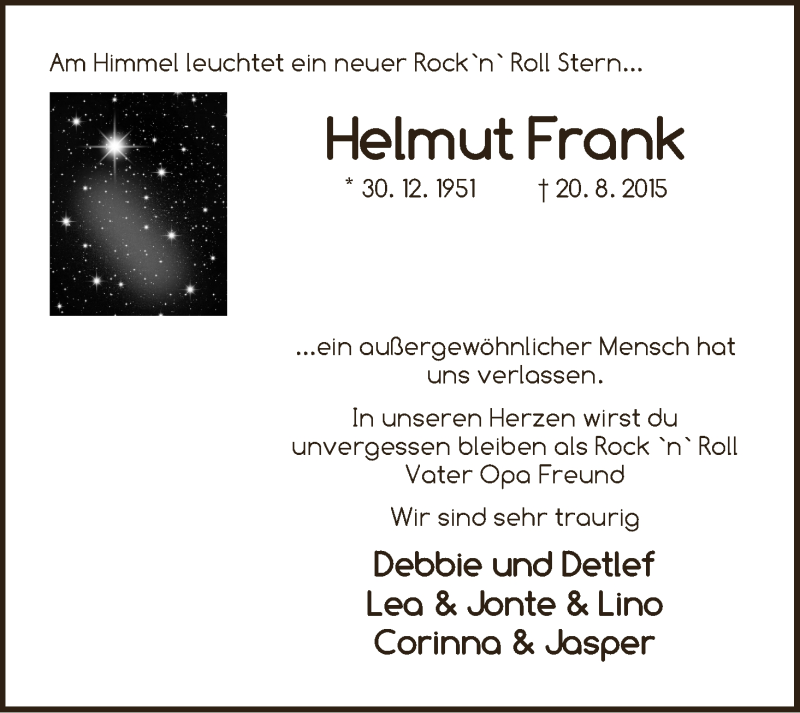  Traueranzeige für Helmut Frank vom 28.08.2015 aus Regionale Rundschau/Syker Kurier