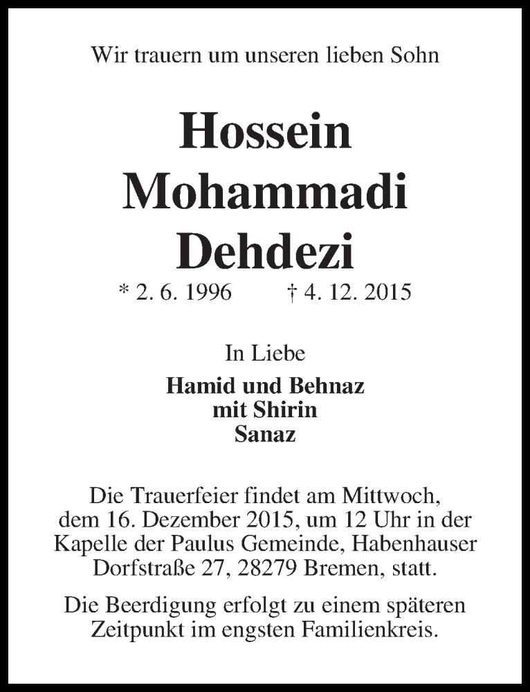  Traueranzeige für Hossein Mohammadi Dehdezi vom 12.12.2015 aus WESER-KURIER