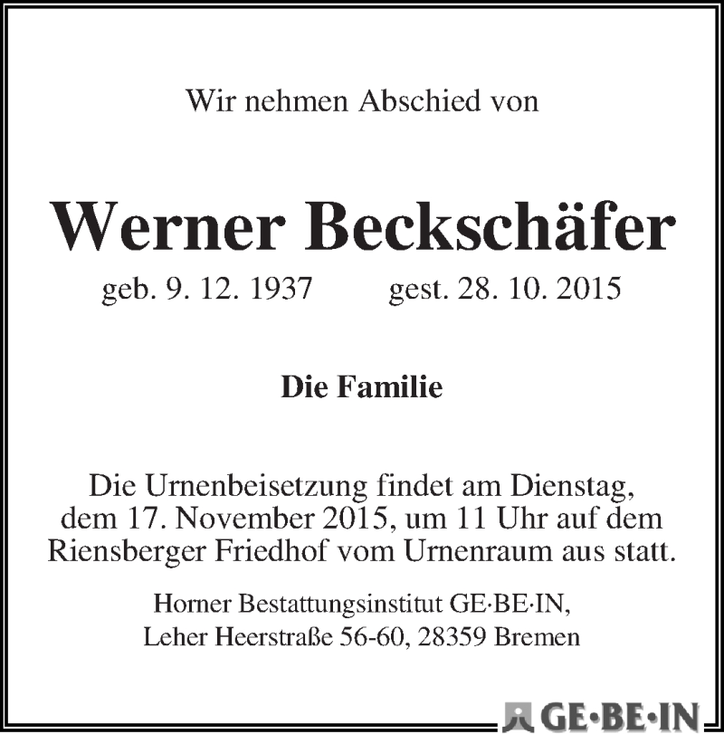  Traueranzeige für Werner Beckschäfer vom 11.11.2015 aus WESER-KURIER