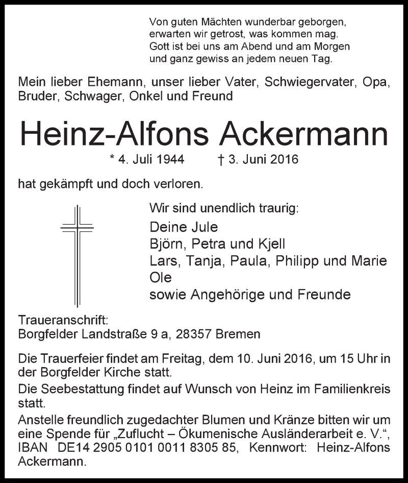  Traueranzeige für Heinz-Alfons Ackermann vom 08.06.2016 aus WESER-KURIER