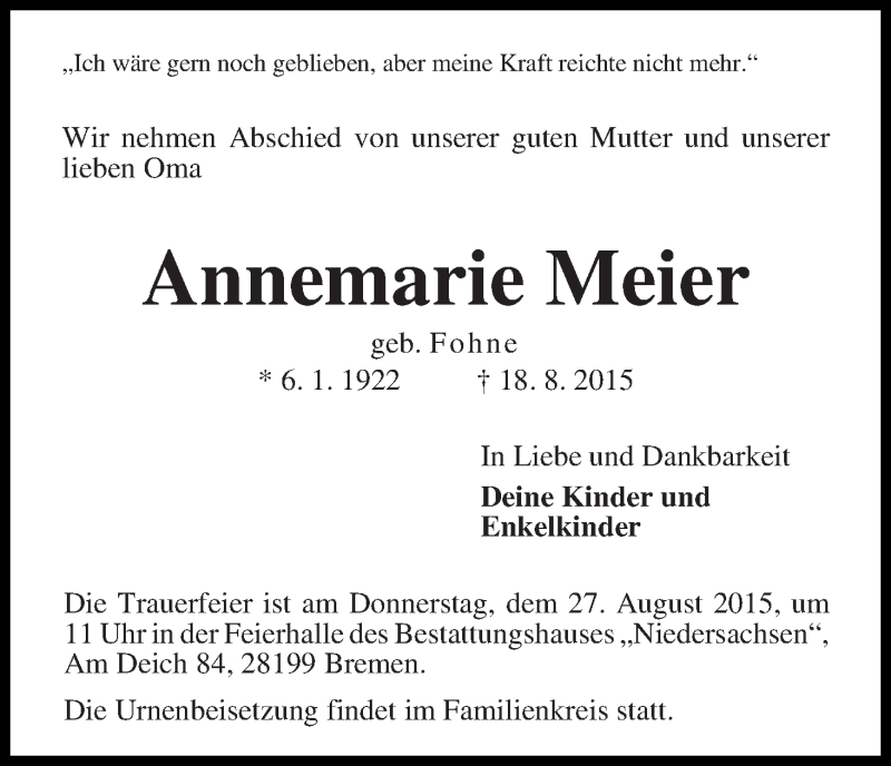  Traueranzeige für Annemarie Meier vom 20.08.2015 aus WESER-KURIER