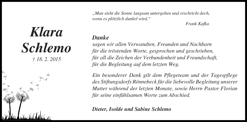  Traueranzeige für Klara Schlemo vom 14.03.2015 aus Die Norddeutsche