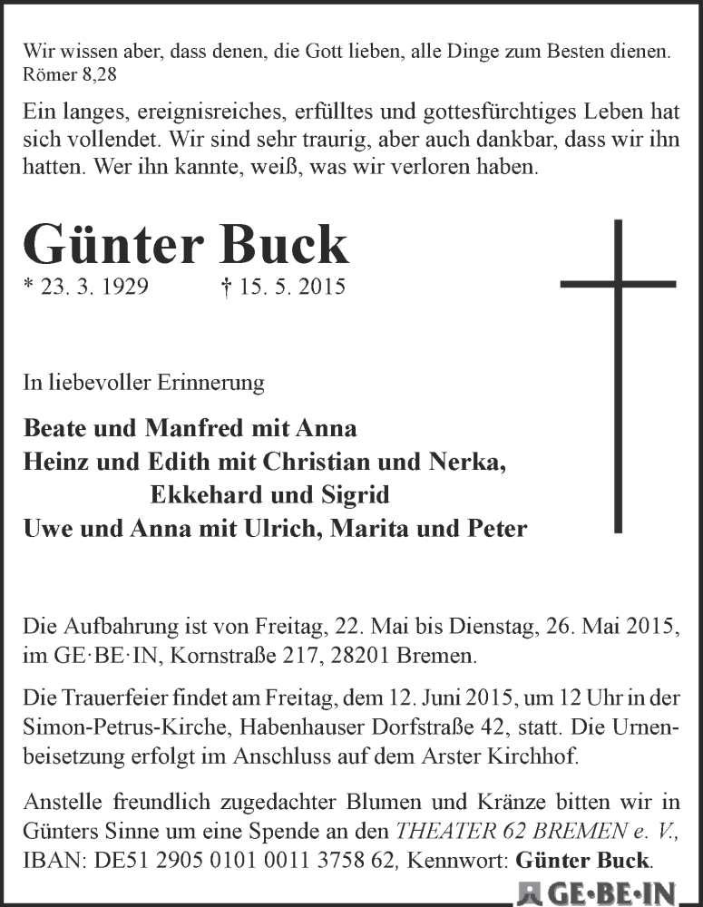  Traueranzeige für Günter Buck vom 22.05.2015 aus WESER-KURIER