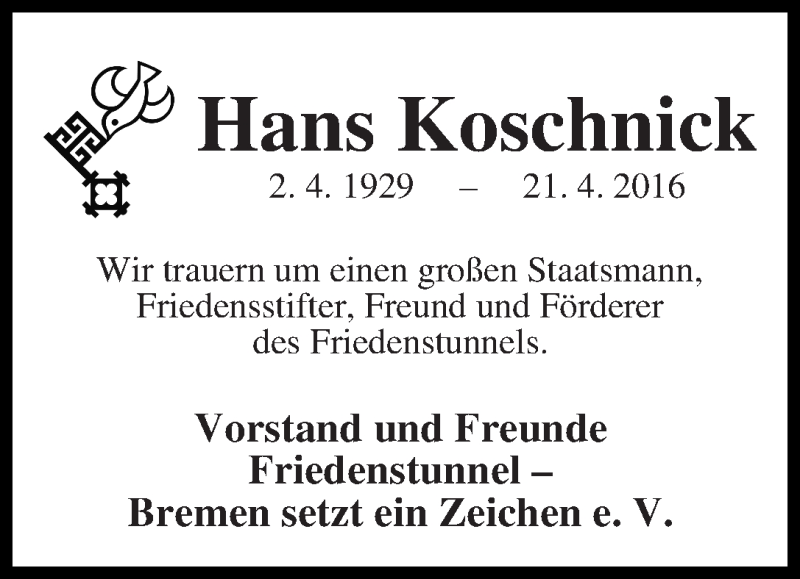  Traueranzeige für Hans Koschnick vom 27.04.2016 aus WESER-KURIER